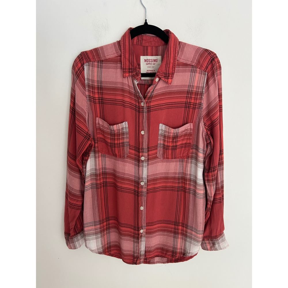 Mossimo Supply Co Womens‎ Red Pink Plaid Boyfriend Fit Button Down Shirt Medium